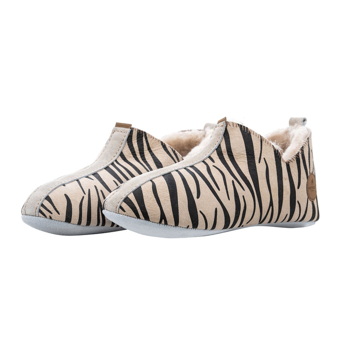Lina Honey Tiger Women's Black and Beige striped soft soles slippers, with a grey suede outer sole.