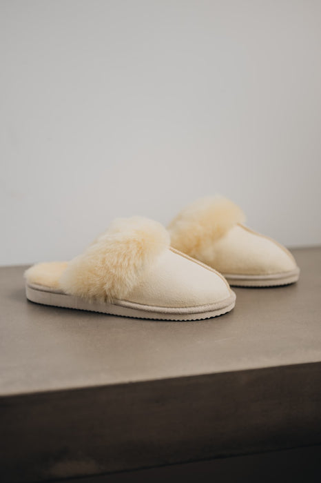gwen in natural eco colour, slip on sheepskin slipper for women with hard sole and cuff from side