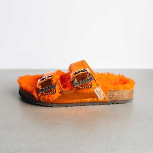 Medi Orange Sheepskin and Shiny Orange Letaher Straped Buckled Women's Sandals. A fleecy orange Sheepskin Lining, with a cork heel and Westmorland Branded tag.