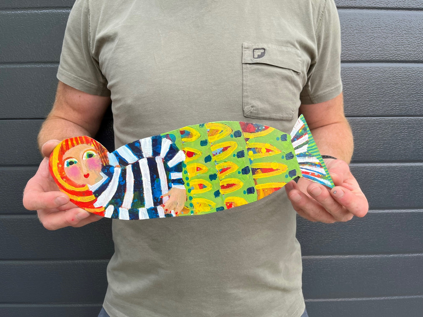Colourful Hand Painted Mermaid Wall Art, by Claire West. Navy Striped.