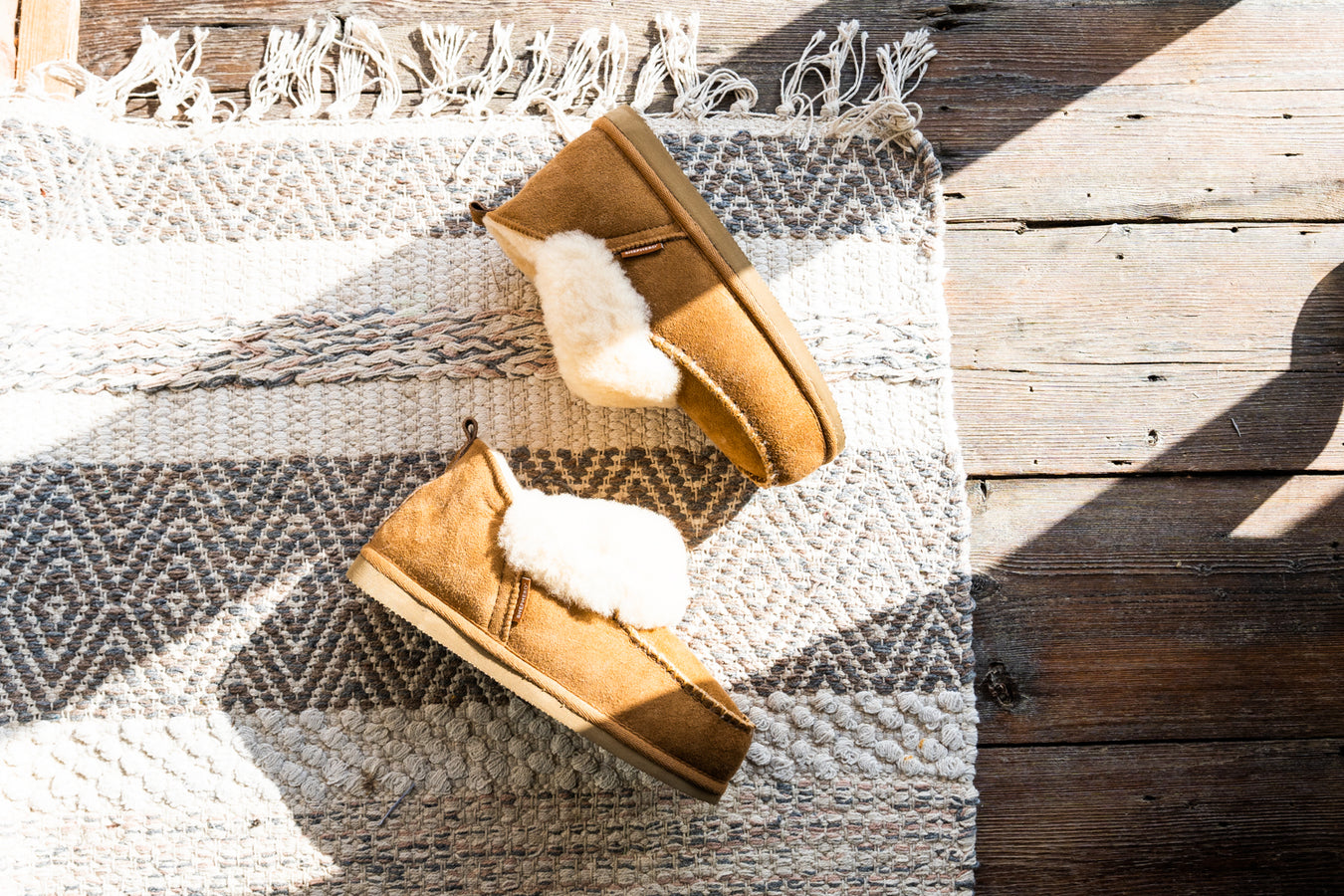 Albina Camel Women's Slippers, made by Shepherd of Sweden. Features a White Sheepskin Cuff and a Hard Sole.