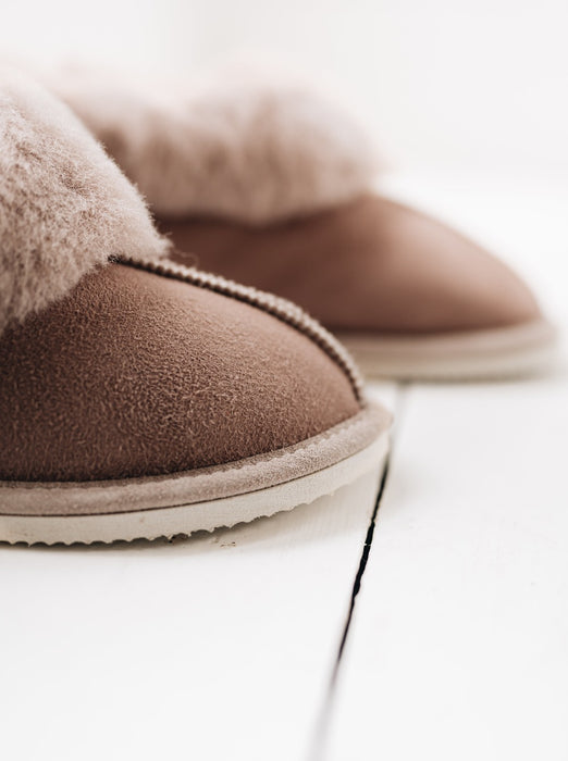 Detail of the toe of the Womens Sheepskin Slipper with a Stone Suede.
