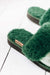 Veronica Sheepskin Green metallic Foiled Slippers from Westmorland Sheepskin. With Sheepskin cuff and hard wearing brown sole.