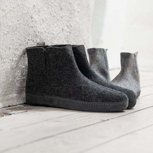 Grey Wool Men's Slippers from Shepherd of Sweden. A grey boot style with a hard sole.