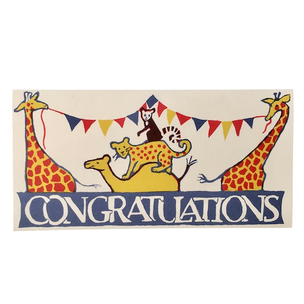 'Congratulations' Circus themed Greetings crad. A long White Horizontal Rectangular card. Features animals including Giraffes, a Lemur, a Tiger and a Camel holding up colourful bunting. At the bottom is a blue rectangle with text reading "Congratulations" in White letters. Comes with an envelope.