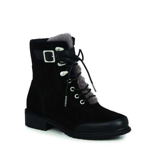 Emu Australia Waldron Women's Sheepskin, Suede and Leather Boots. Black colour suede with grey sheepskin shoe tongue, black laces, and deep black leather buckle strap and outer detailing.