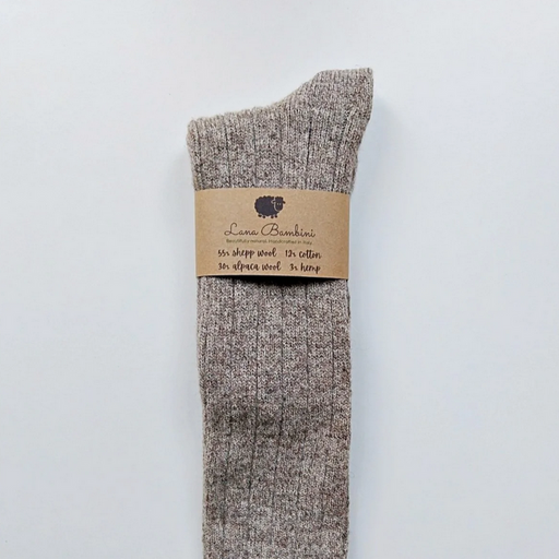 Anna Lungo Wool/Alpaca/Cotton/Hemp Long stone colour socks. Wrapped with a brown information band.