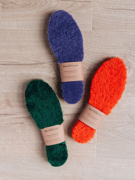 Lilac, Orange and Green AW22 colour Sheepskin Children's Cuttable Insoles. Cut to size. Wrapped in a cardboard informational sleave. All three insoles.
