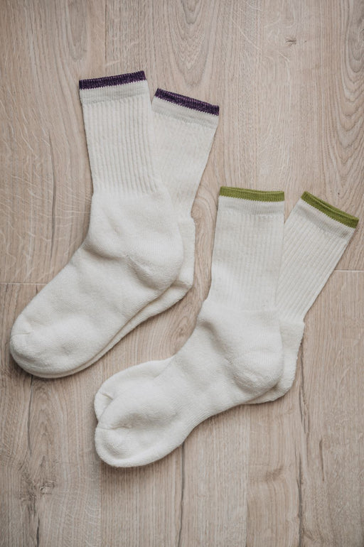 Purple and green trimmed wool lounge socks