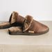 AW22 Hazel Brown Cork and Sheepskin Slider Slipper. Men's Sheepskin Slippers, with Hazel Brown Cork Outer Material, fold over Sheepskin Cuff and dark outer sole. With small branded Westmorland Sheepskin Cork tag.