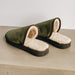AW22 Forest Green Cork and Sheepskin Slider Slipper. Men's Sheepskin Slippers, with Forest Green Cork Outer Material, fold over Sheepskin Cuff and dark outer sole. With small branded Westmorland Sheepskin Cork tag.