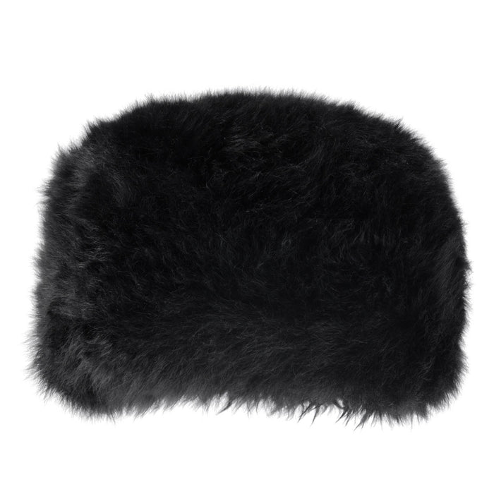 A black thick full Sheepskin hat. A short and thick Sheepskin material.