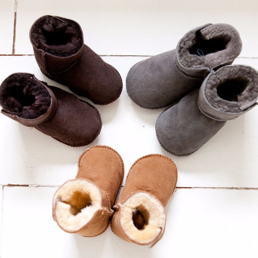 Tabbed Baby Booties, soft soled boots in Brown, Grey and Tan.