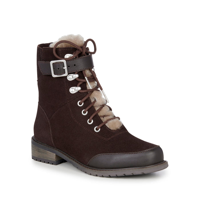 Emu Australia Waldron Women's Sheepskin, Suede and Leather Boots. Espresso colour suede with cream sheepskin shoe tongue, brown laces, and deep brown leather buckle strap and outer detailing.
