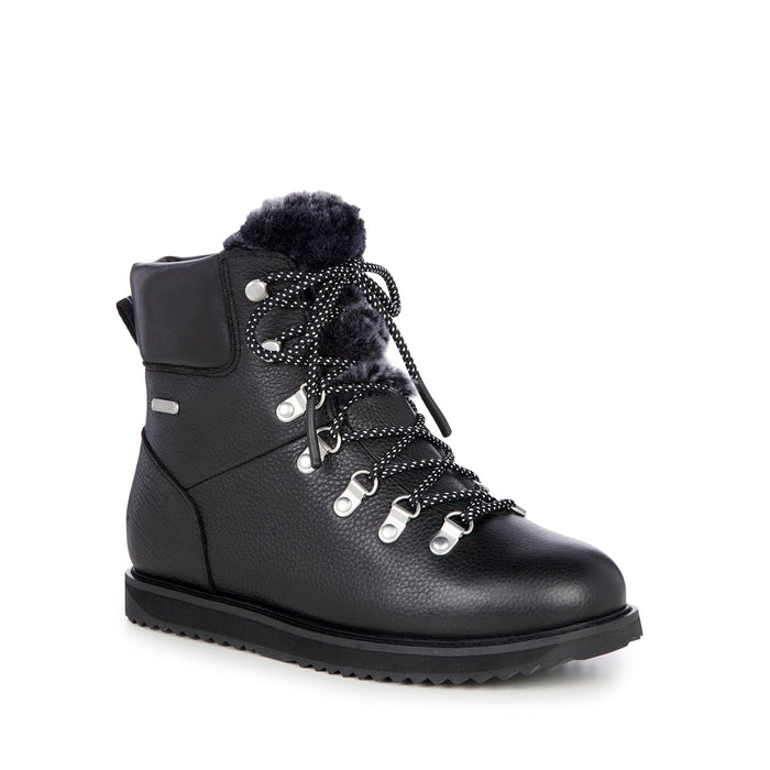 Emu Women's Leather Sheepskin Waterproof Boots, style Larawag. A sheepskin lined black leather boot, with silver eyelets and black and white laces.