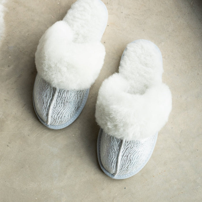 Sheepskin slipper for ladies backless and in silver zebra print