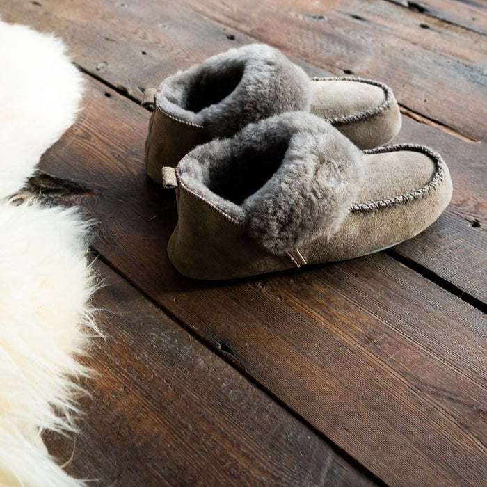 Style Adriana in the Stone colour a Women's Sheepskin Slipper by Shepherd of Sweden with a soft sole