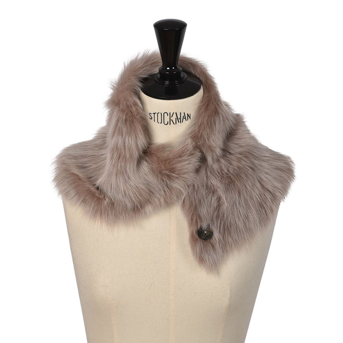 Mannequin features Ailsa shrug collar / scarf made from Spanish Toscana Lambskin. Includes stylish button clasp.