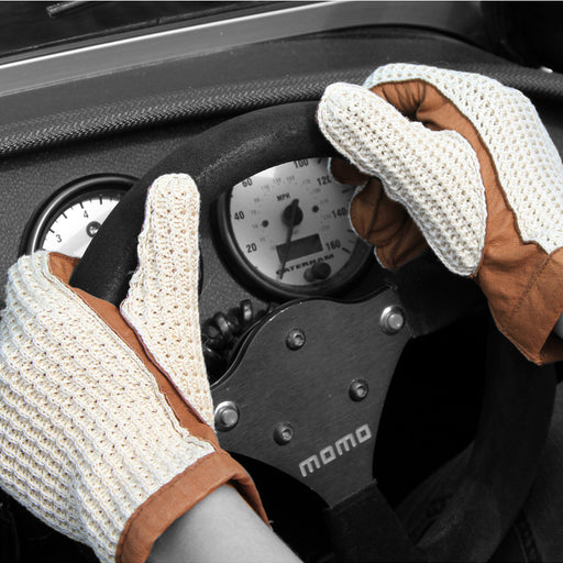 Women's Stringback driving gloves. Tan leather and white string driving gloves.