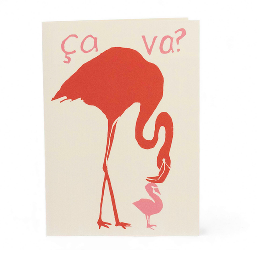 'Ca Va' Designed Greetings Card. A vertical rectangular card with a white background. Features a red flamino, looking down at a small pink bird. At the top, in illustrative pink writing reads 'ca va?'. Comes with an envelope.