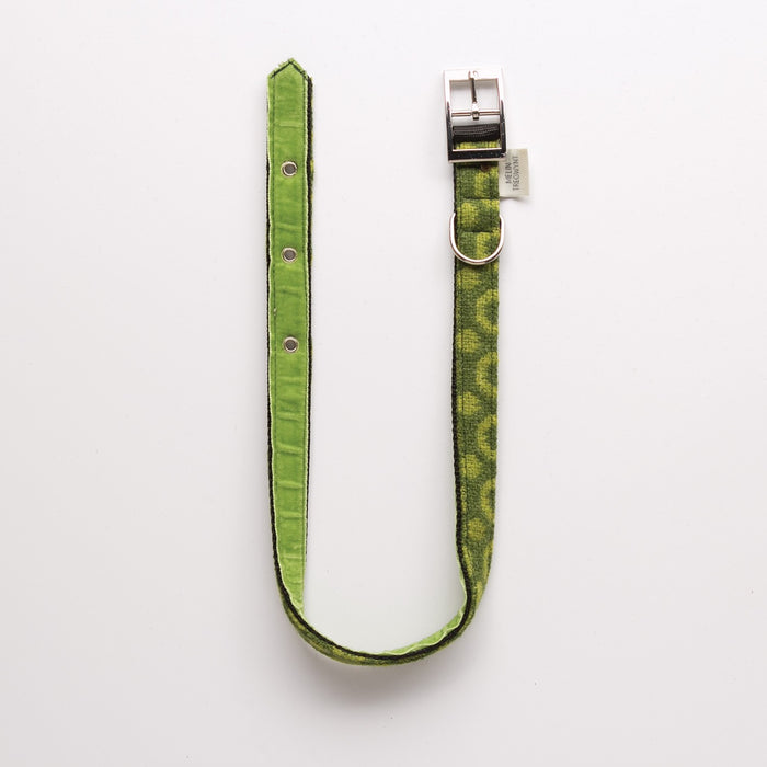 Large Pure Wool Dog Collar. A Green Wool Halos and Spots dog collar with chrome adjustable buckle and tag clasp.