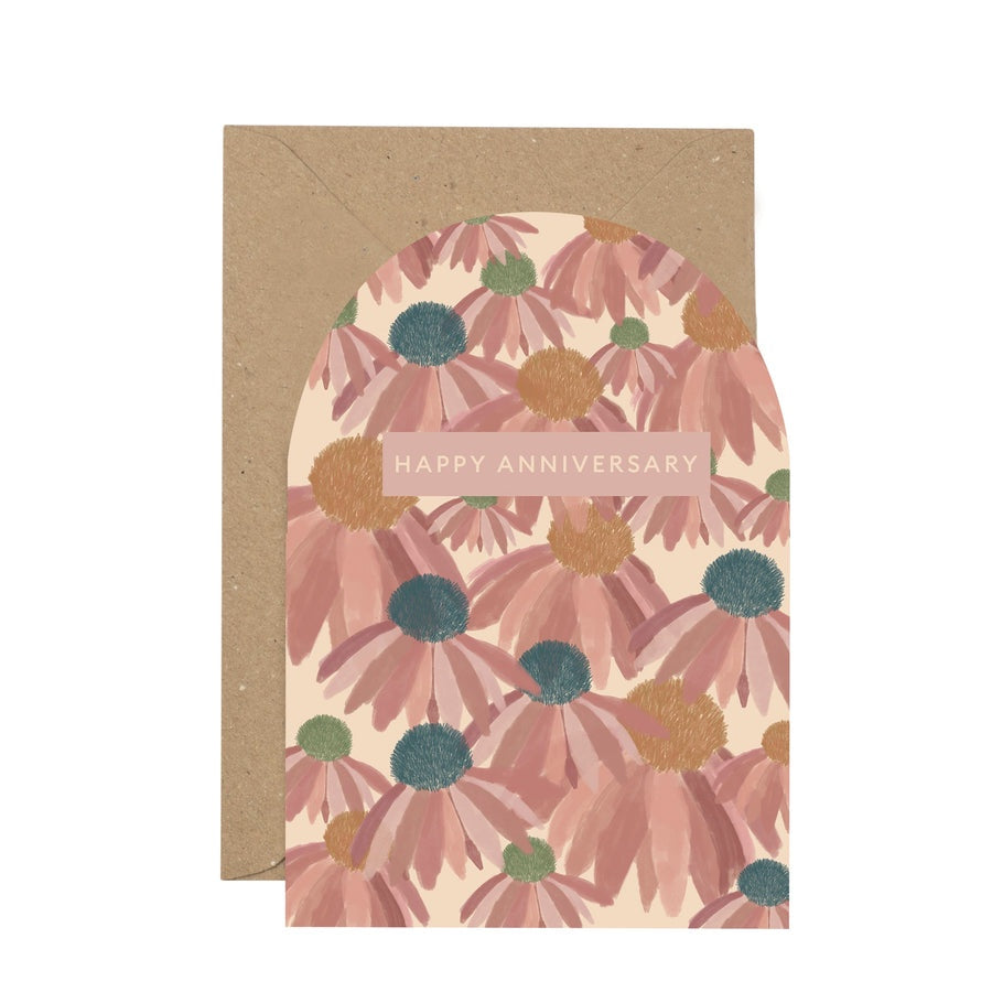 Happy Anniversary Card. A dome toped verticle card, features illustrated pink flowers. In the centre of the card reads 'Happy Anniversary'. Comes with an envelope.