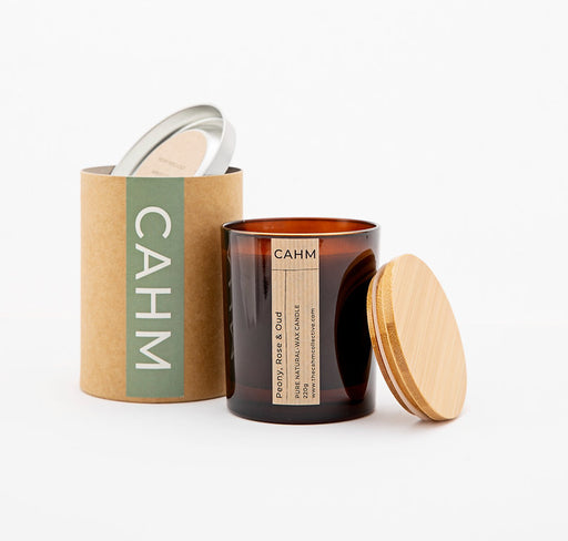 Peony, Rose & Oud Luxury Jar Candle from CAHM. Comes in a CAHM designed cardboard protective tube.